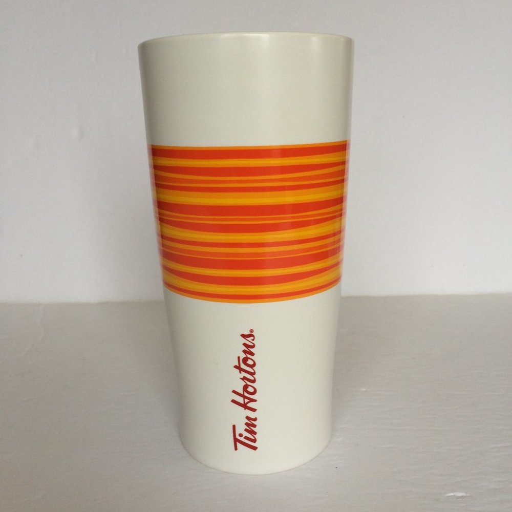 Tim Hortons Limited Edition Tumbler Travel Mug White Orange Yellow Striped 2015